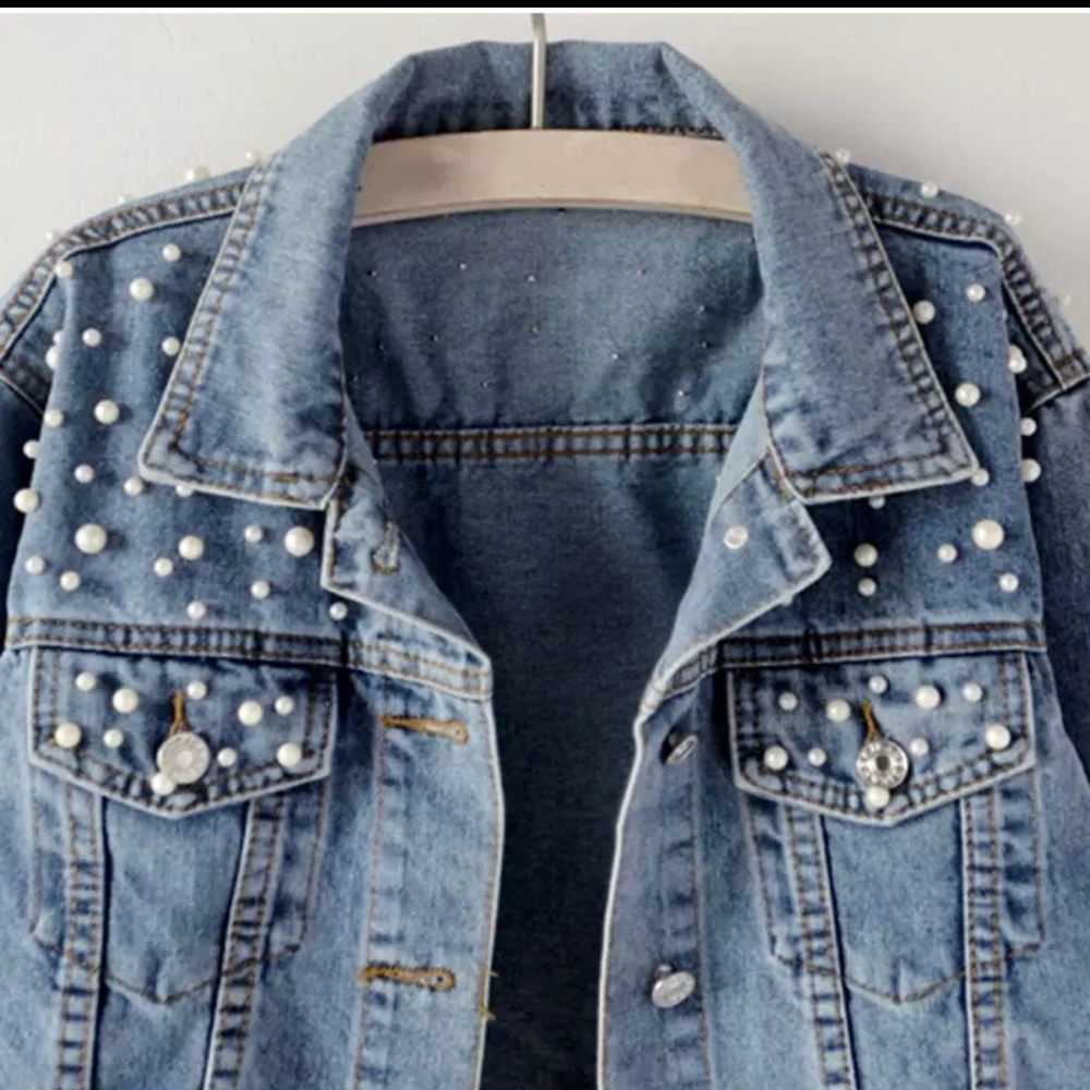 80’s Inspired Embellished Pearl Denim Jacket - Picture 3 of 5